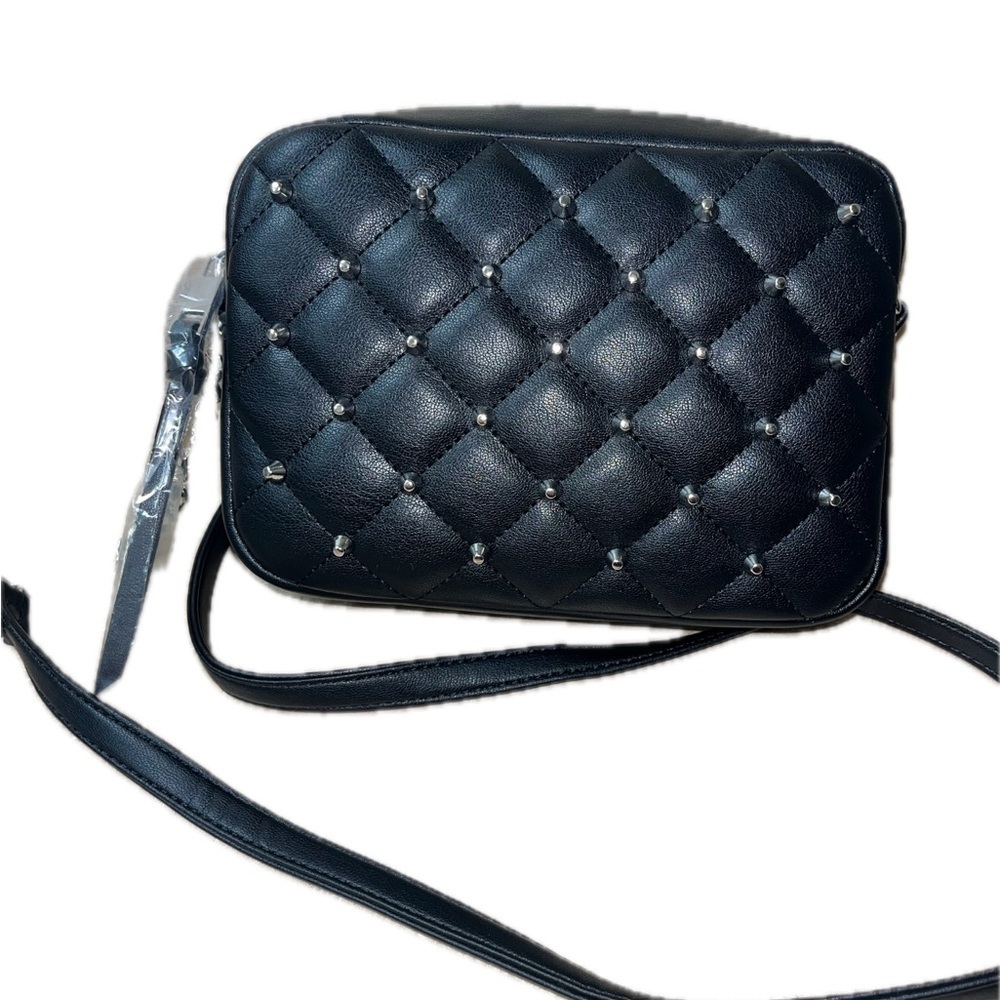 Rebecca Minkoff Diamond
Quilted Studded Top Zip Crossbody Bag Purse Black Silver